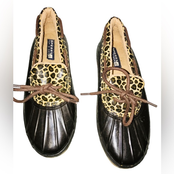 Sperry Waterproof Leopard Print Brown Slip On Duck Boots, 8 - Picture 4 of 10